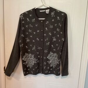 Unbranded Floral Cardigan Sweater Womens PL Grey Excellent Wool Blend Jacquard